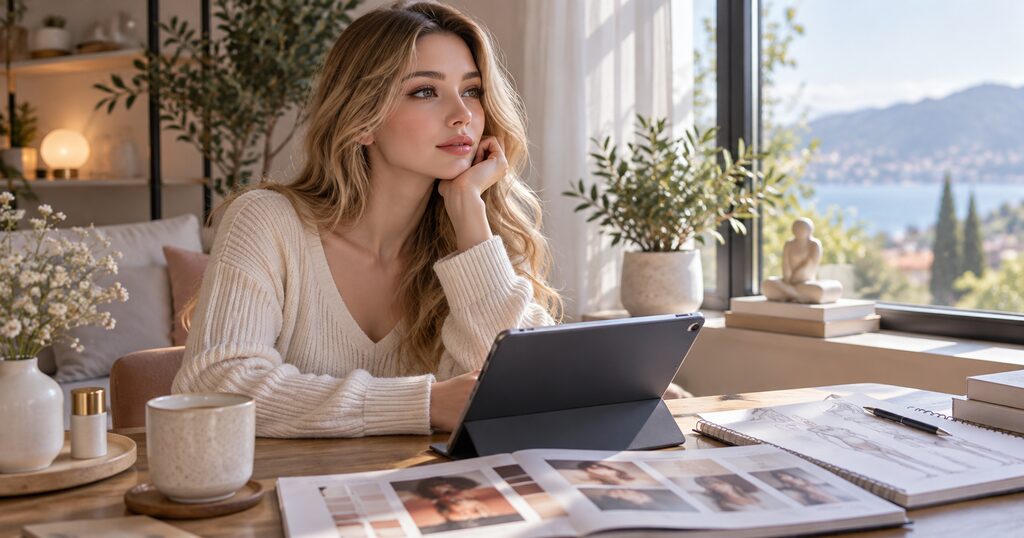 Compagnons réalistes : quand technologie, personnalisation et nouveaux usages transforment l’intimité 3 Femme blonde souriante aux cheveux longs lissant les cheveux d'une poupée réaliste sur un canapé gris